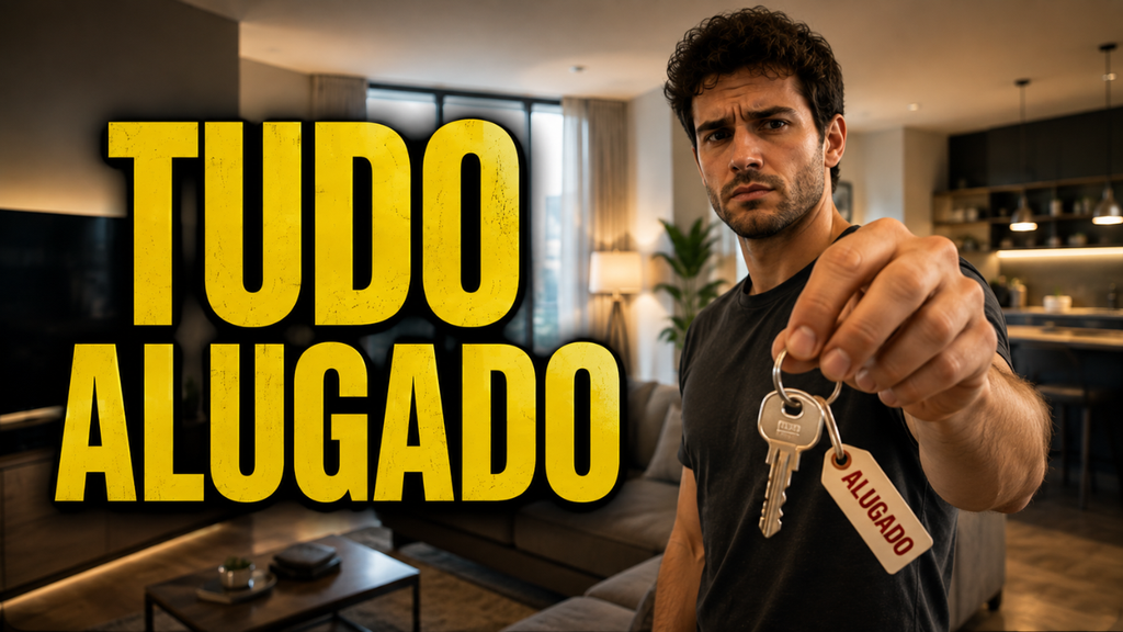 Imagem de um homem segurando uma chave e a frase "tudo alugado", para demonstrar como a economia do acesso transforma tudo em aluguel.