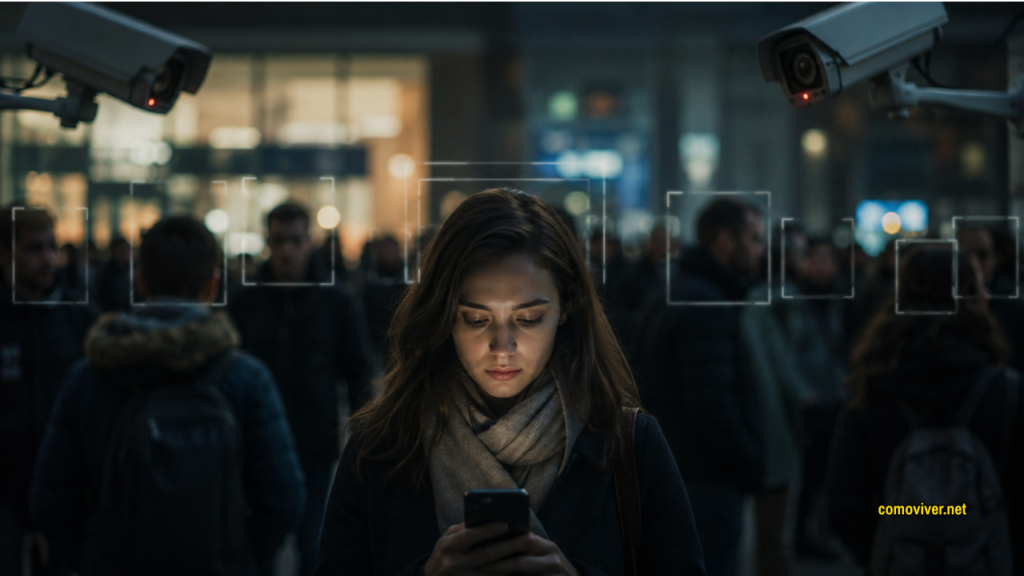 Mulher usando celular em meio a uma multidão, cercada por câmeras de vigilância e sistemas de reconhecimento facial.