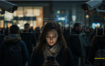 Mulher usando celular em meio a uma multidão, cercada por câmeras de vigilância e sistemas de reconhecimento facial.